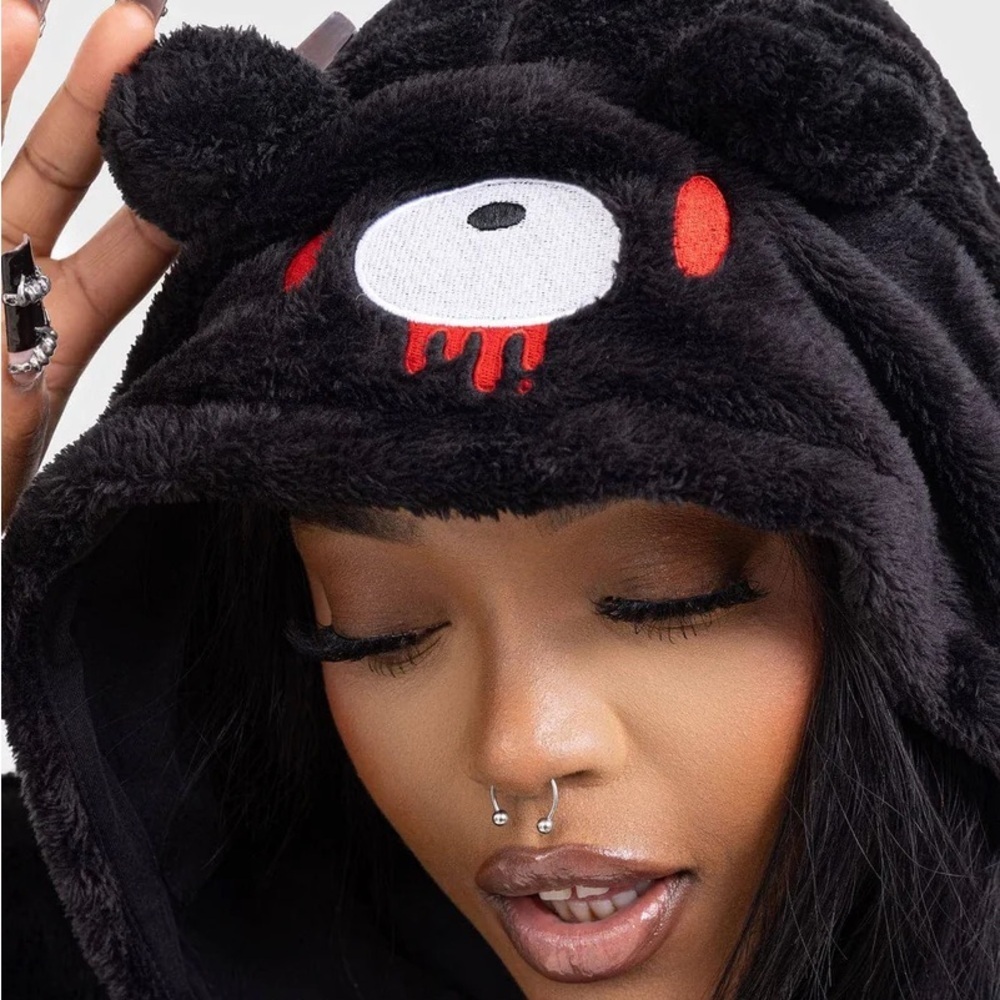 KILLSTAR Gloomy Bear Black Fuzzy I’m Gloomy Hoodie - Picture 2 of 9